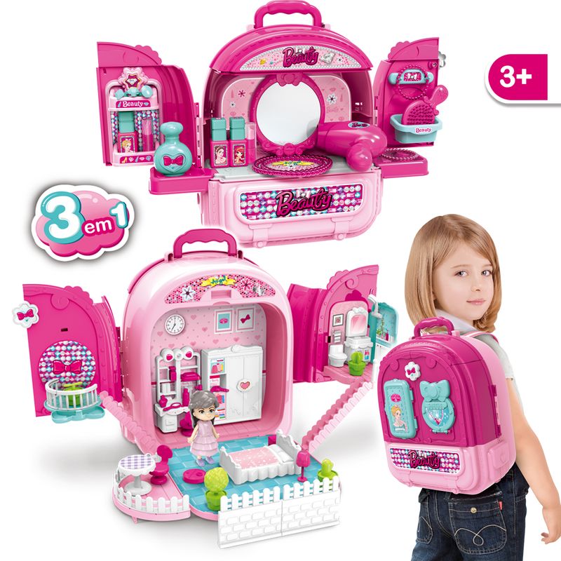 Bolsa Mochila de Maquiagem Infantil e Casinha Beauty Station Salão de  Beleza Replay Kids