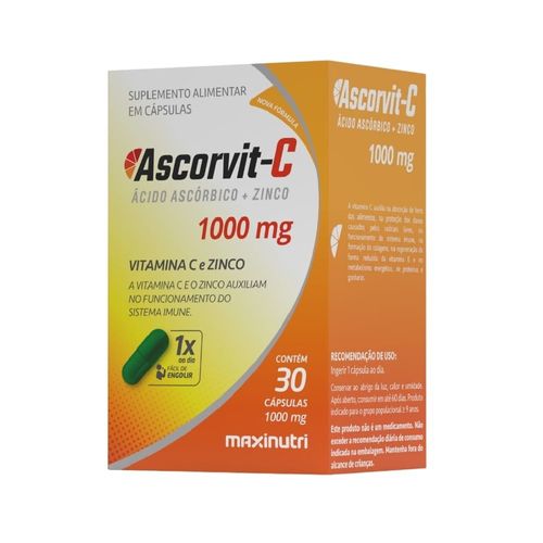 Vitamina C 1000mg + Zinco Ascorvit-C 30 Cápsulas Maxinutri