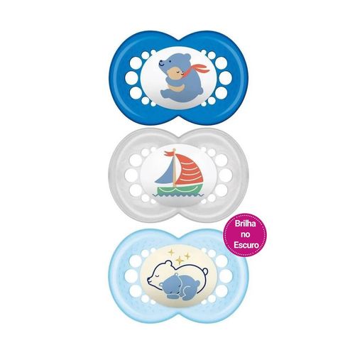 Kit 3 Chupetas Bico em Silicone Original 6m+  Azul - MAM