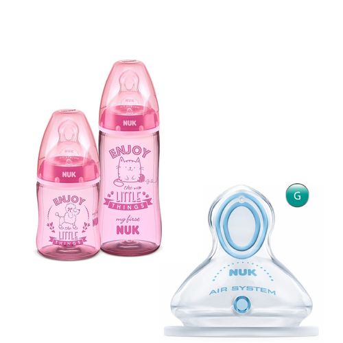 Kit 2 Mamadeiras 150/300ml Rosa + Bico de Silicone First Choice Líq .Grossos