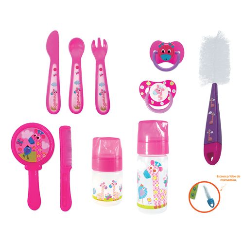 Kit Enxoval Com Mamadeira Chupeta e Escovas Rosa - Kitstar