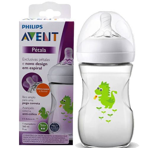 Mamadeira Anticólica 260ml AVENT com Bico Pétala 1m+ Dragão