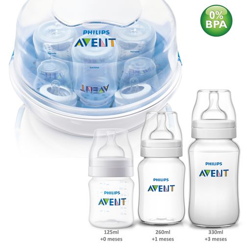 Kit Esterilizador Mamadeira + 3 Mamadeiras Clássica Avent