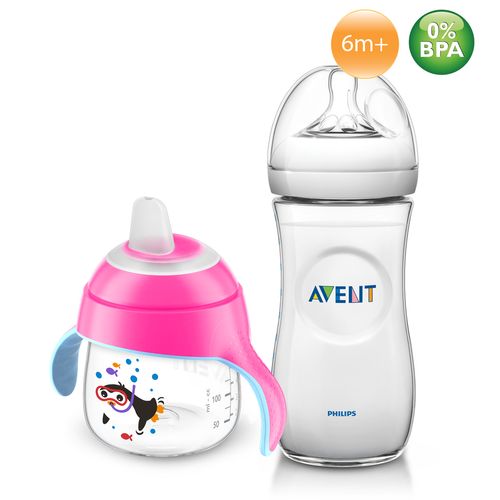 Kit Mamadeira Pétala Anticólica 330ml e Copo Avent Rosa