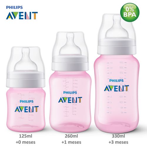 Kit 3 Mamadeira Clássica Anticólica 125/260/330ml AVENT Rosa