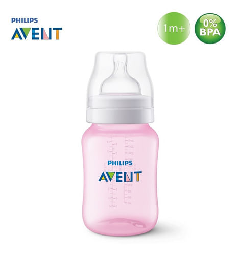 Mamadeira Clássica Anticólica 260ml AVENT com Bico 1m+ Rosa