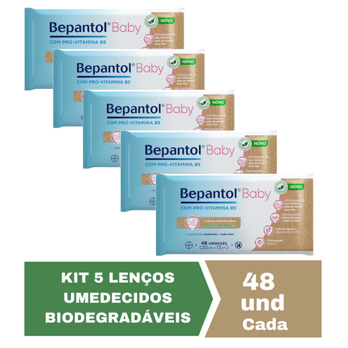 Kit com 5 Lenços Umedecidos Biodegradável 48un Cada Bepantol