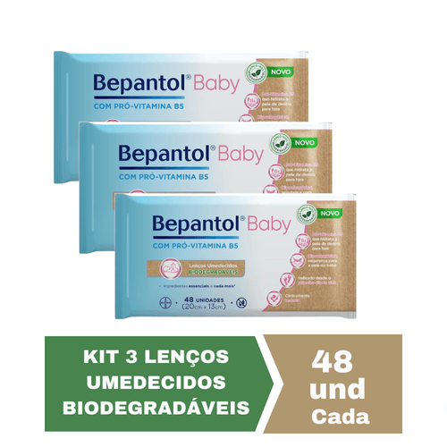 Kit com 3 Lenços Umedecidos Biodegradável 48un Cada Bepantol