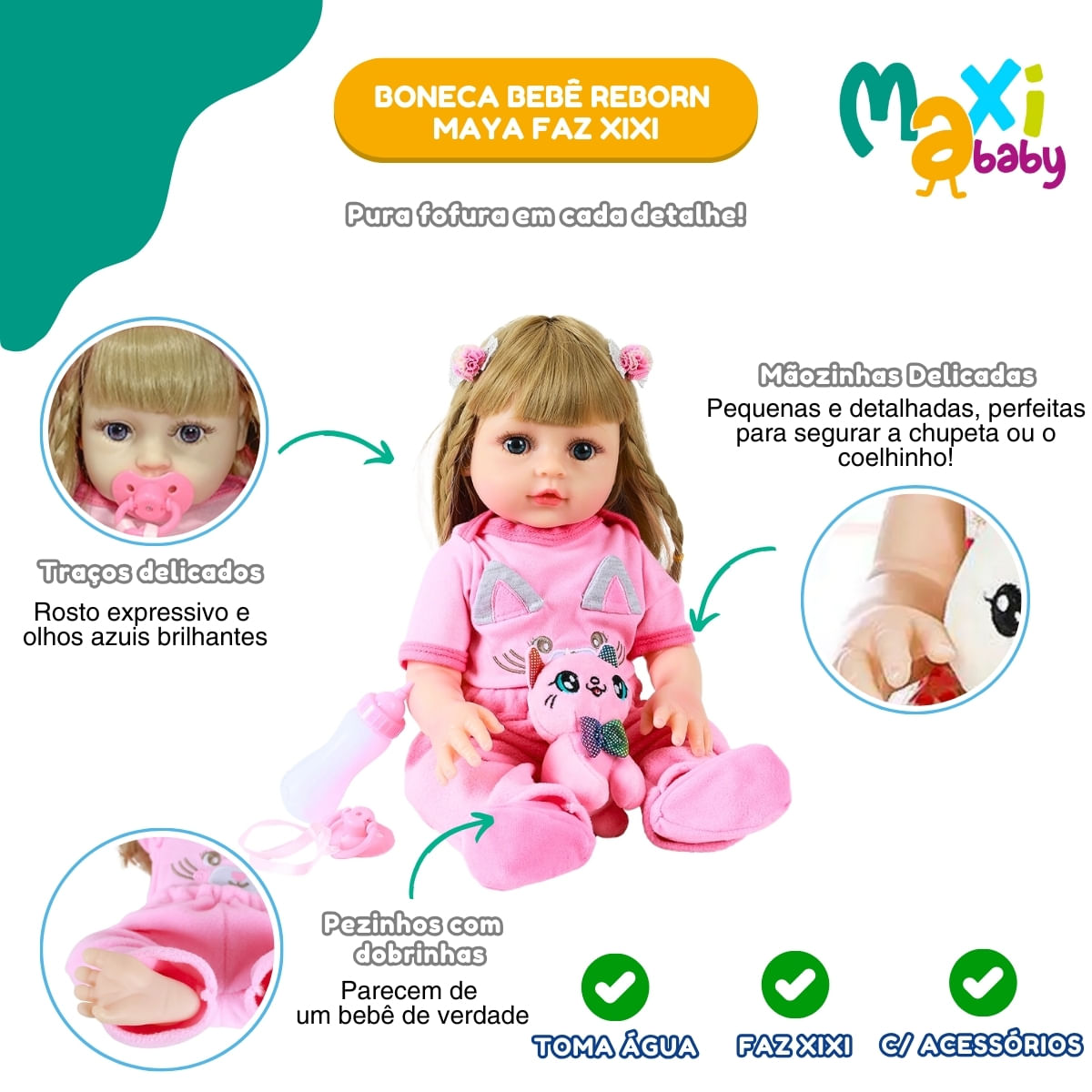 Boneca Bebê Reborn Maya Toma Água e Faz Xixi Lullaby