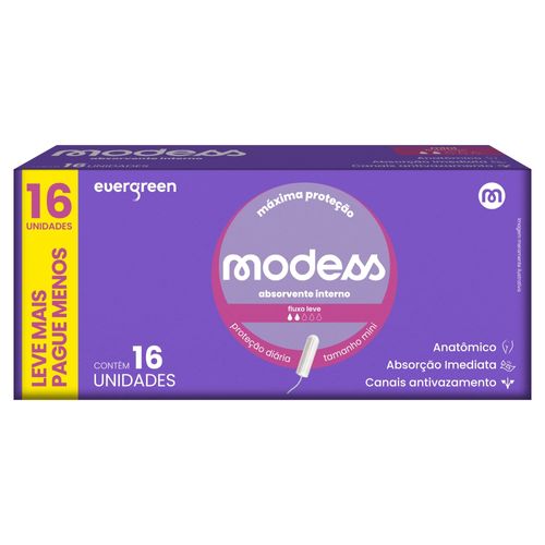 Absorvente Interno Modess Mini Fluxo Leve com 16un Evergreen