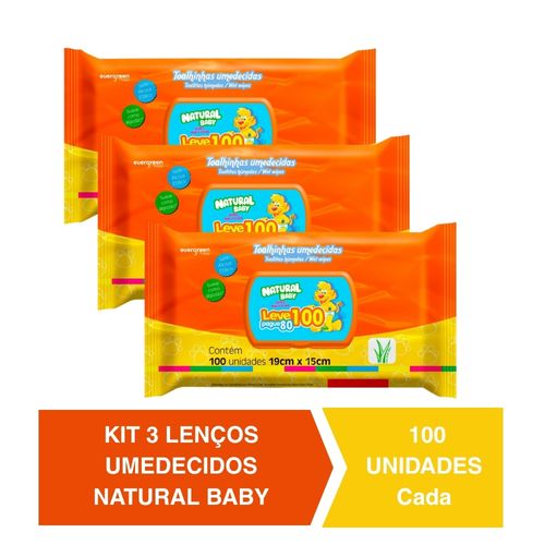Kit C/ 3 Lenços Umedecidos Natural Baby 100un Cada Evergreen