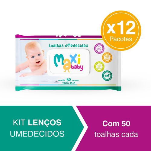 Kit 12 Toalhas Umedecidas Hipoalergênico 50un Cada Maxi Baby