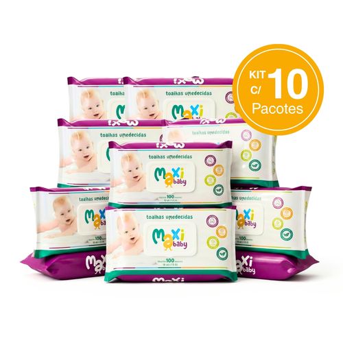 Kit com 10 Toalhas Umedecida Hipoalergênico 100un Cada Maxi Baby
