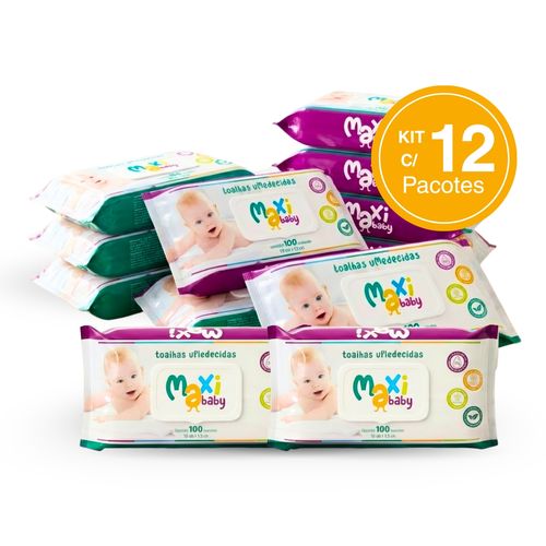 Kit com 12 Toalhas Umedecida Hipoalergênico 100un Cada Maxi Baby