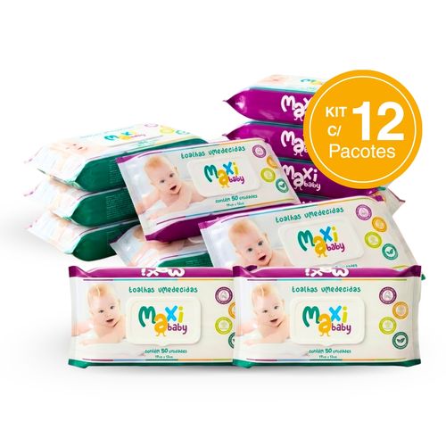 Kit com12 Toalhas Umedecidas Hipoalergênico 50un Cada Maxi Baby