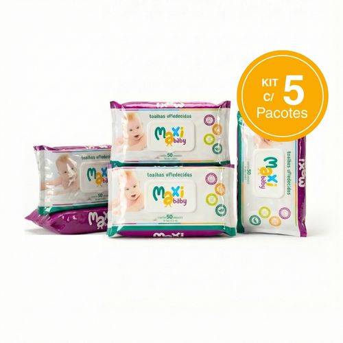 Kit com 5 Toalhas Umedecidas Hipoalergênico 50un Cada Maxi Baby