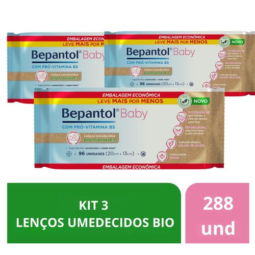 Kit Toalhas Lenços Umedecidos Biodegradáveis Bepantol Baby 3 Pacotes c/96un Cada