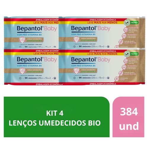 Kit Toalhas Lenços Umedecidos Biodegradáveis 4 Pacotes c/96un Cada Bepantol Baby