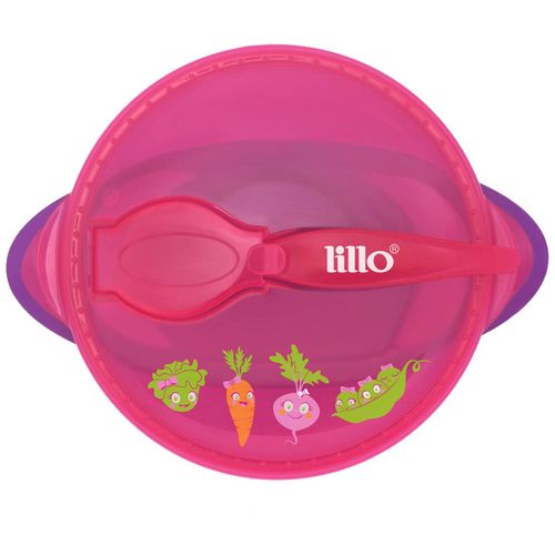 Kit Refeição Infantil Prato C/ Ventosa e Colher Rosa Lillo DESCONTINUADO