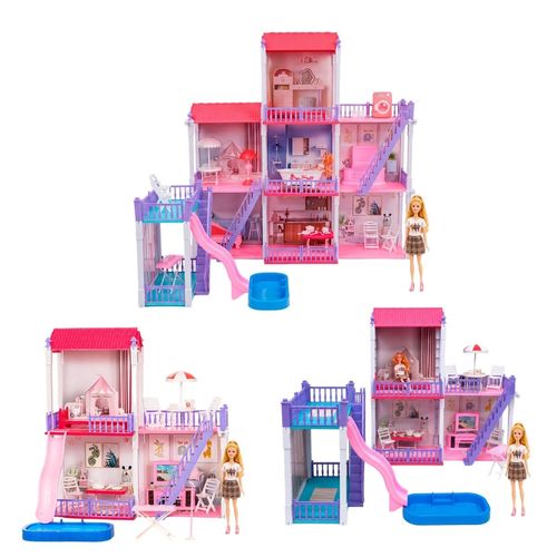Casinha de Boneca 2 e 3 Andares Cômodos Grande Piscina Móveis Boneca 30cm Maxi Toys