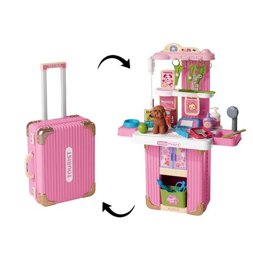 Mala Pet Shop Infantil Veterinário Bancada Rodinhas 35 Peças Rosa Maxi Toys