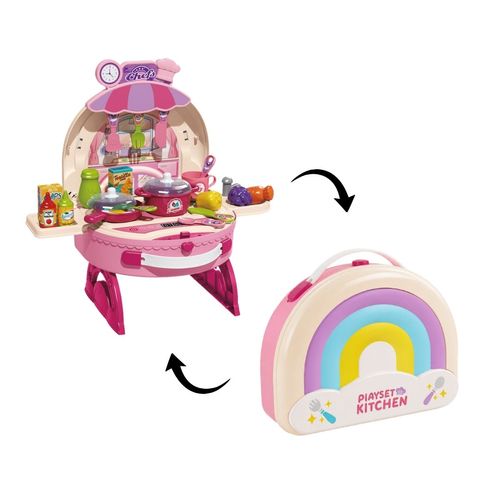Cozinha Infantil Mini Chef Maleta Portátil Arco-Íris Rosa 30 Peças Maxi Toys