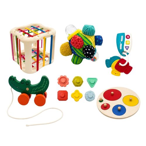 Kit Brinquedo Montessori Bola Sensorial Bebê Madeira Cubo Formas Experience Maxi Baby