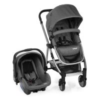 carrinho de bebê com bebê conforto na cor cinza